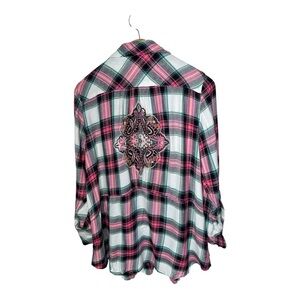 Tolani Embroidered Plaid Button Up Top Size 1X Tiered Pockets Boho Western